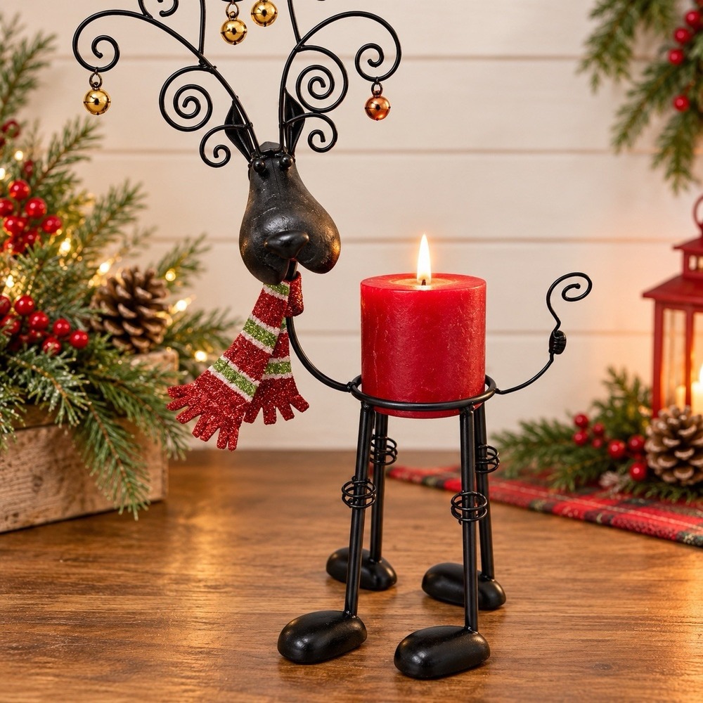 Christmas Reindeer Pillar Candle Holder Metal 18" Whimsical Holiday Decor Deer